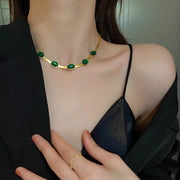 2023 Stainless Steel Necklace Bracelet Gold Color Chain Green Stone Crystal Jewelry Set for Women Girls Fashion Jewelry Gifts