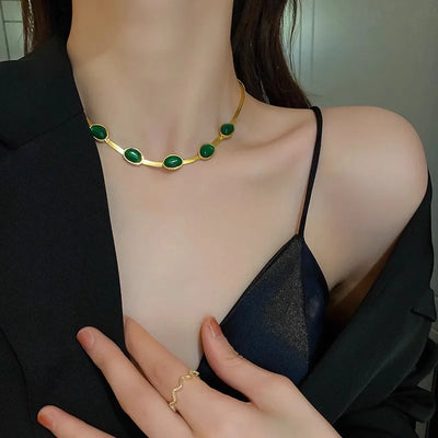 2023 Stainless Steel Necklace Bracelet Gold Color Chain Green Stone Crystal Jewelry Set for Women Girls Fashion Jewelry Gifts