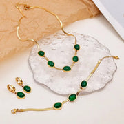 2023 Stainless Steel Necklace Bracelet Gold Color Chain Green Stone Crystal Jewelry Set for Women Girls Fashion Jewelry Gifts