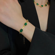 2023 Stainless Steel Necklace Bracelet Gold Color Chain Green Stone Crystal Jewelry Set for Women Girls Fashion Jewelry Gifts