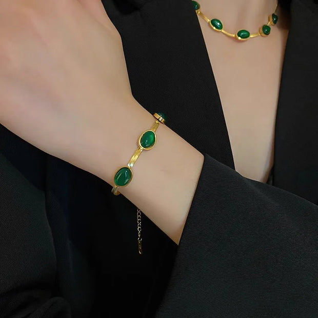 2023 Stainless Steel Necklace Bracelet Gold Color Chain Green Stone Crystal Jewelry Set for Women Girls Fashion Jewelry Gifts