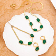 2023 Stainless Steel Necklace Bracelet Gold Color Chain Green Stone Crystal Jewelry Set for Women Girls Fashion Jewelry Gifts
