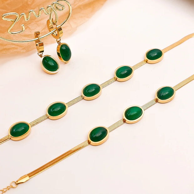 2023 Stainless Steel Necklace Bracelet Gold Color Chain Green Stone Crystal Jewelry Set for Women Girls Fashion Jewelry Gifts