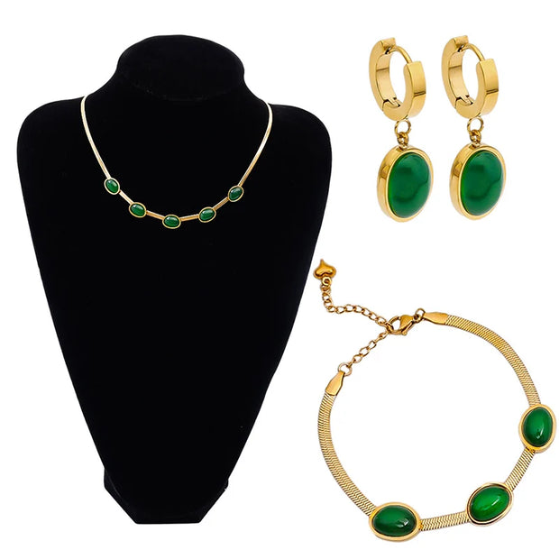 2023 Stainless Steel Necklace Bracelet Gold Color Chain Green Stone Crystal Jewelry Set for Women Girls Fashion Jewelry Gifts