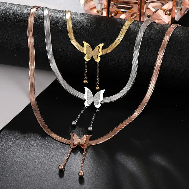 OIMG 316L Stainless Steel Vintage Butterfly Golden Necklace Women   Blade Snake Chains Aesthetic Charms Choker Women jewelry Gif