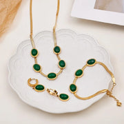 2023 Stainless Steel Necklace Bracelet Gold Color Chain Green Stone Crystal Jewelry Set for Women Girls Fashion Jewelry Gifts