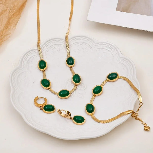 2023 Stainless Steel Necklace Bracelet Gold Color Chain Green Stone Crystal Jewelry Set for Women Girls Fashion Jewelry Gifts