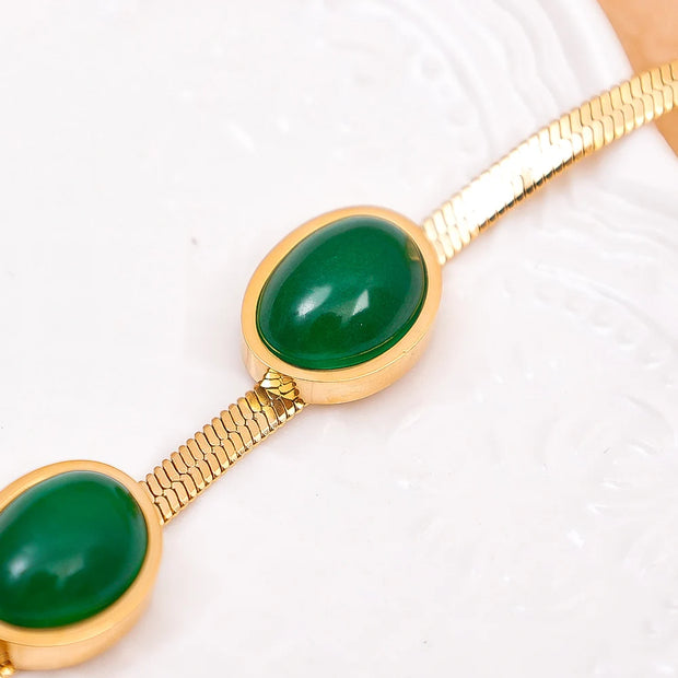 2023 Stainless Steel Necklace Bracelet Gold Color Chain Green Stone Crystal Jewelry Set for Women Girls Fashion Jewelry Gifts