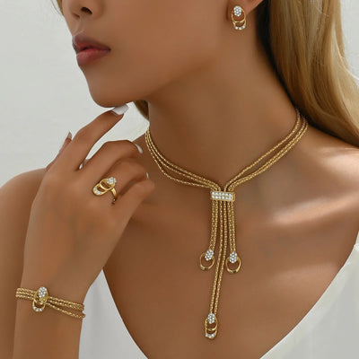 Necklace and Earring Set with Diamond Inlaid Collarbone Chain and Index Finger Ring
