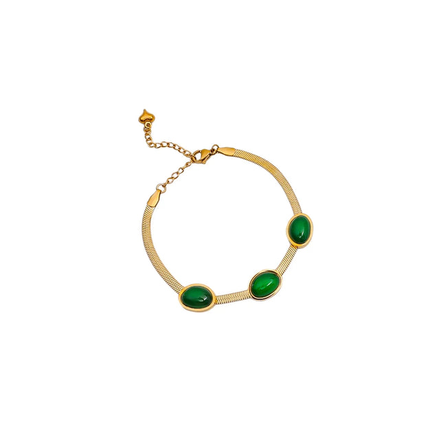 2023 Stainless Steel Necklace Bracelet Gold Color Chain Green Stone Crystal Jewelry Set for Women Girls Fashion Jewelry Gifts